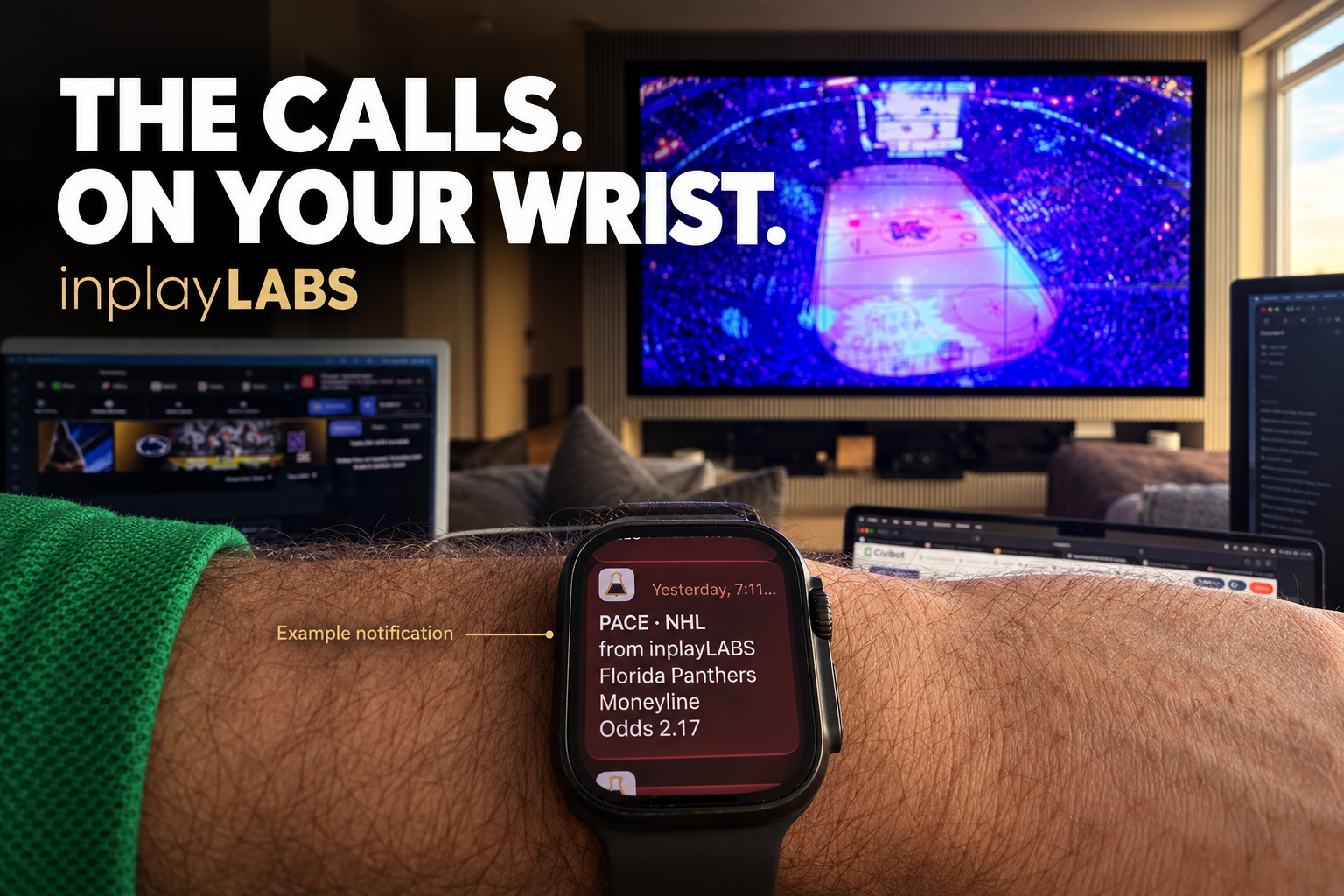 Example inplayLABS hockey notification on a watch: Florida Panthers moneyline at odds 2.17